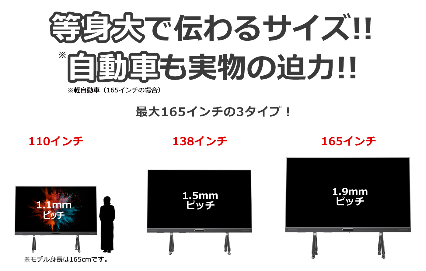 等身大で伝わるサイズ!! 自動車でも実物の迫力!! 最大165インチ 3タイプ サイズ比較 ピッチ