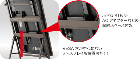 VESA穴が中心にないディスプレイも設置可能！！小さなSTBやACアダプターなどの収納スペース付き
